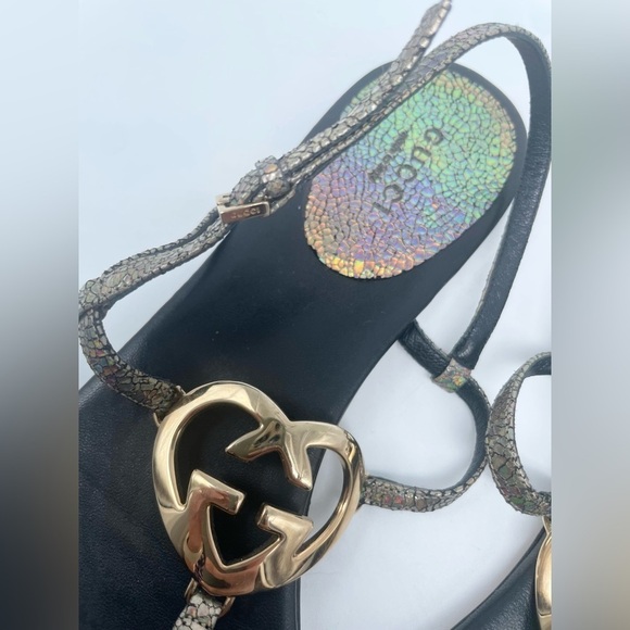 Gucci Black Metallic Leather Ellemere GG Interlocking HEART Thong Sandal EU 39 - Picture 4 of 11